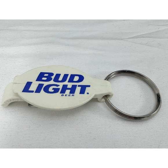 BUD LIGHT Blue White Beer Bottle Opener Key Fob Ring Vintage Keychain by EVANS - Picture 1 of 5
